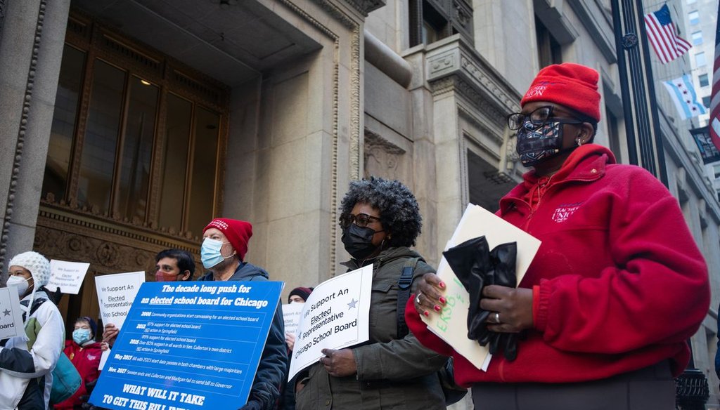 Members of the Grassroots Education Movement, which is comprised of parents of Chicago Public Schools students and community leaders, demanded Mayor Lori Lightfoot support an elected school board outside City Hall on March 3, 2021. | Pat Nabong/Sun-Times