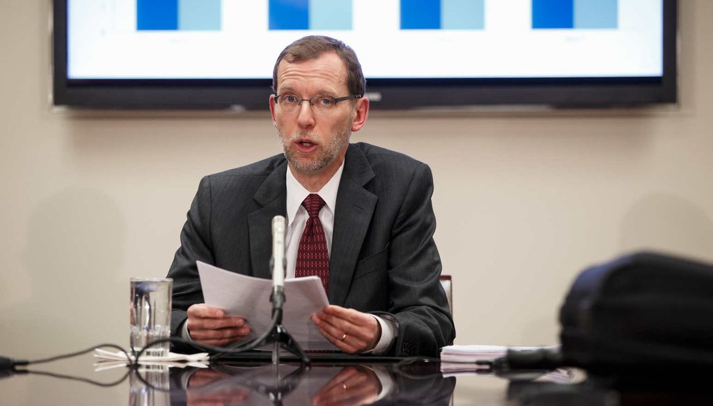 Congressional Budget Office Director Douglas W. Elmendorf holds a briefing for reporters on the CBO's updated budget and economic outlook, Jan. 26, on Capitol Hill in Washington.