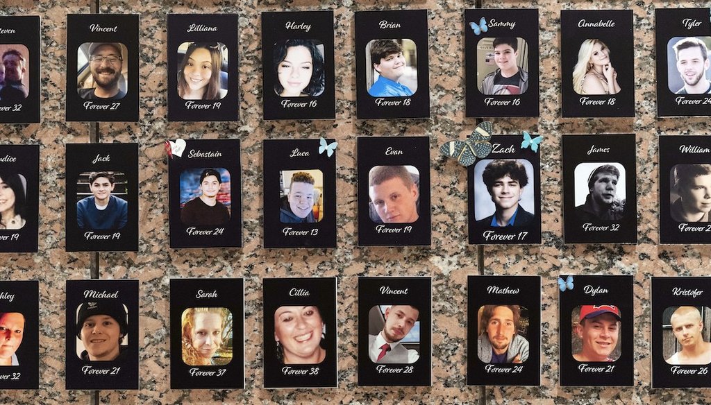 Photographs of people who had died from drugs are on display during the Second Annual Family Summit on Fentanyl at DEA Headquarters in Washington, Sept. 26, 2023. (AP)