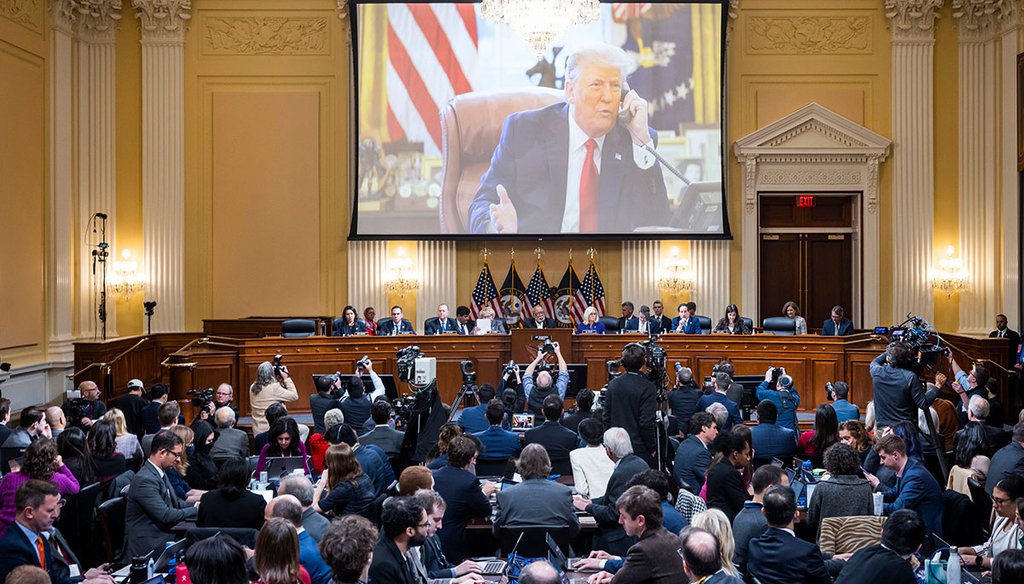 A video presentation shows former President Donald Trump as the House select committee investigating the Jan. 6, 2021, attack on the U.S. Capitol holds its final meeting on Dec. 19, 2022, on Capitol Hill in Washington. (AP)