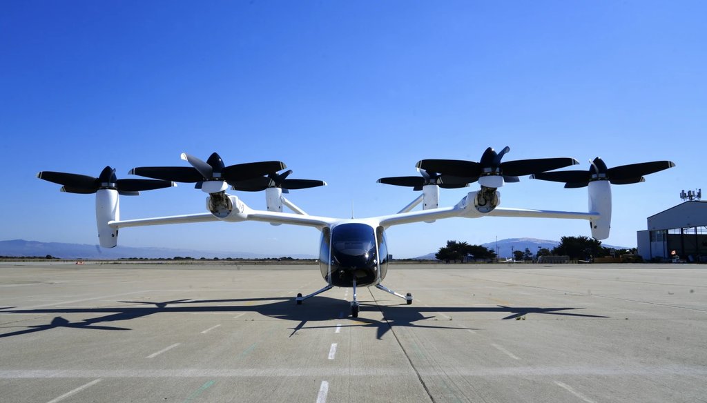 An “electric vertical take-off and landing” aircraft built by Joby Aviation is parked at an airfield in Marina, Calif. on, Oct. 7, 2024. (AP)