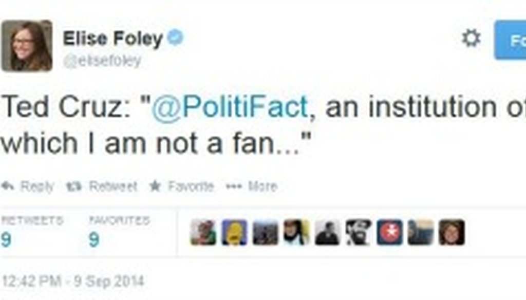This tweet alerted us to Sen. Ted Cruz invoking PolitiFact Sept. 9, 2014.