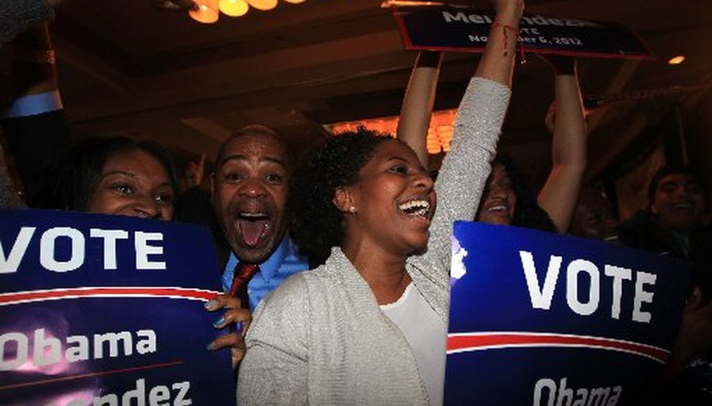 Supporters cheer at U.S. Sen. Robert Menendez's election night headquarters.