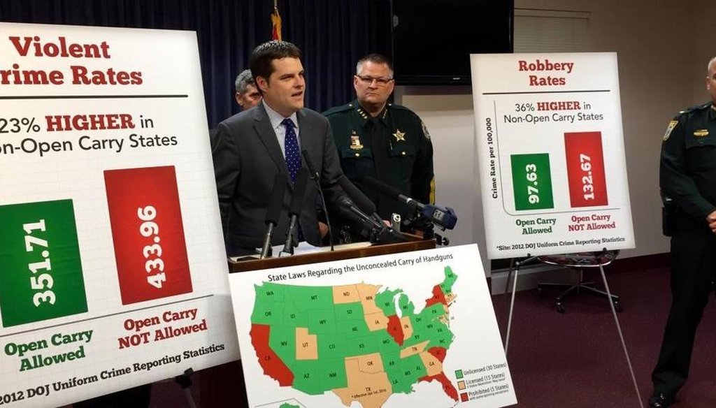 State Rep. Matt Gaetz, R-Fort Walton Beach, joined by Brevard County Sheriff Wayne Ivey, speaks about his bill that would allow concealed-carry permit-holders to openly carry their weapons in Florida during a press conference Oct. 6, 2015. (Miami Herald)