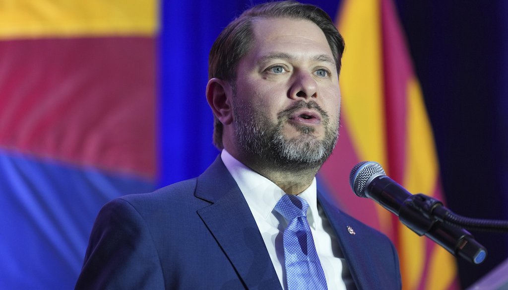 Arizona Democratic Senate candidate Rep. Ruben Gallego, D-Ariz., speaks during a watch party on election night. Nov. 5, 2024, in Phoenix. The Associated Press on Nov. 12 declared Gallego the winner. (AP)