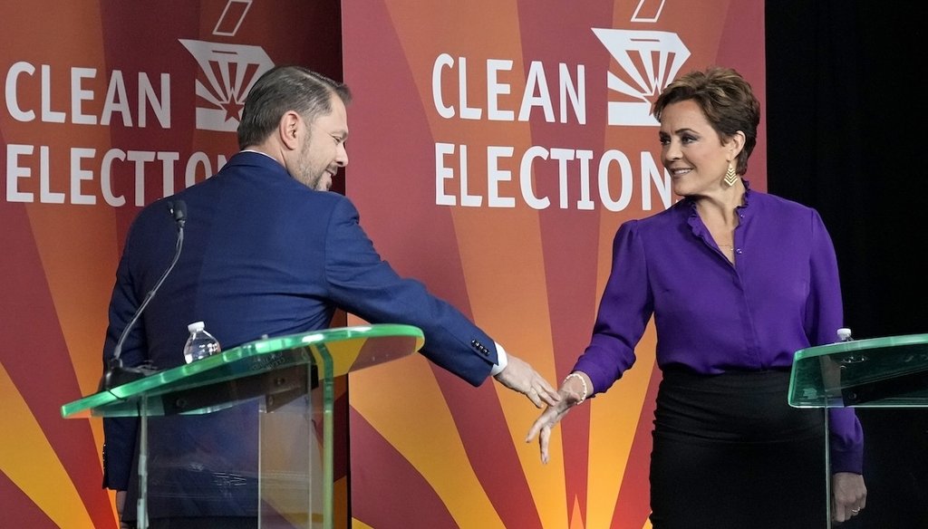 .S. Senate candidates Rep. Ruben Gallego, D-Ariz., and Republican Kari Lake debate Oct. 9, 2024, in Phoenix. (AP)