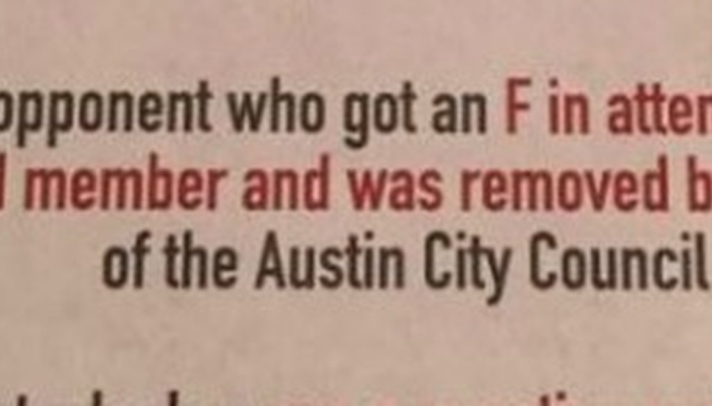 Sheri Gallo, an Austin City Council member, made a Pants on Fire claim (shown here) about challenger Alison Alter in this November 2016 mailer (excerpted from a Facebook post Nov. 29, 2016).