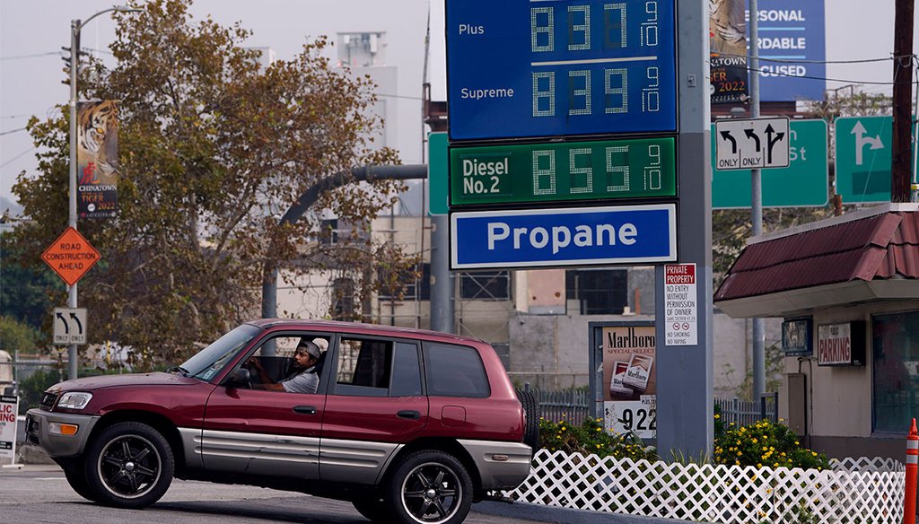 Gasoline prices are advertised at over $8 a gallon at a Los Angeles fuel station on gas station Oct. 6, 2022. (AP)