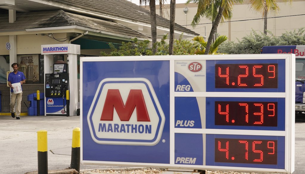 Gasoline prices at a Marathon station in Miami Beach, Fla., on Nov. 17, 2021. (AP)