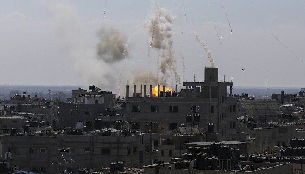 Smoke and fire rise from an explosion after an Israeli airstrike in Rafah, Gaza Strip Oct. 13, 2023. (AP)