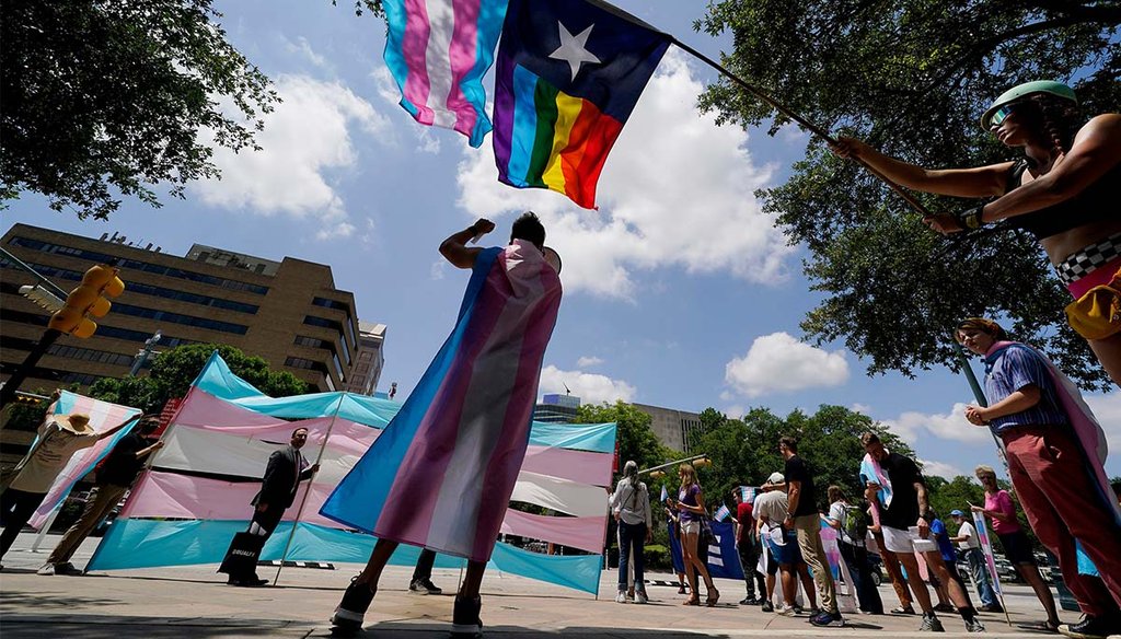 Demonstrators gather May 20, 2021, on the State Capitol steps to speak against transgender-related legislation being considered in the Texas Legislature in Austin, Texas. (AP)