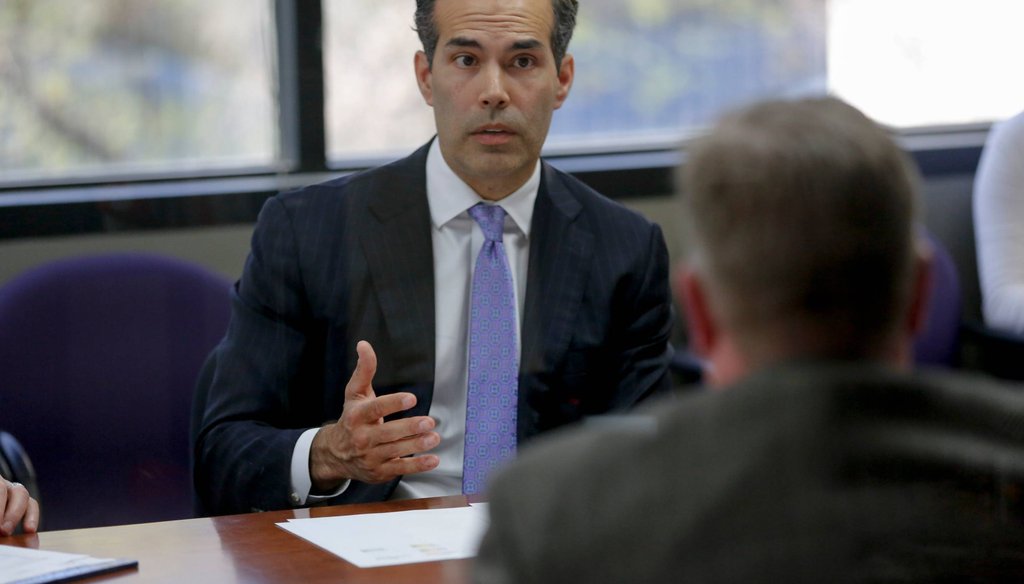 Texas Land Commissioner George P. Bush speaks with members of the Austin American-Statesman's Editorial staff [JAMES GREGG/AMERICAN-STATESMAN].