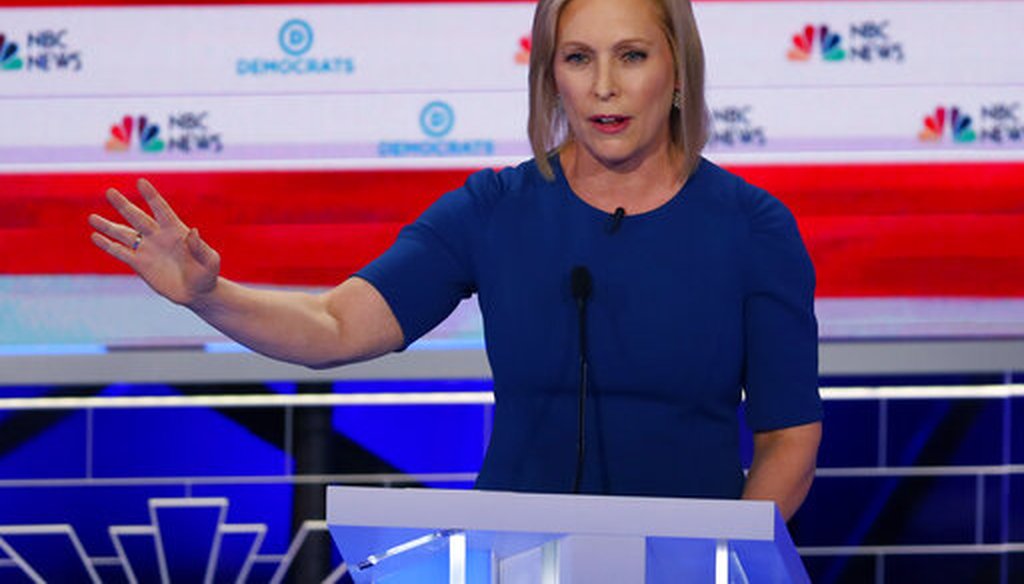 Democratic presidential candidate Sen. Kristen Gillibrand, D-N,Y., speaks during the Democratic primary debate, Thursday, June 27, 2019, in Miami (AP).