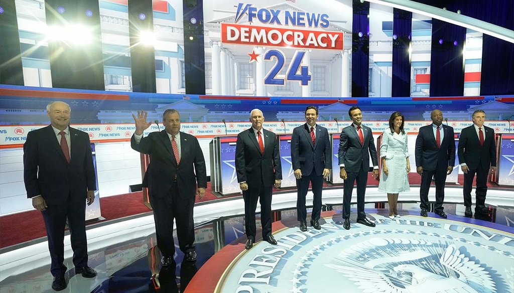 Republican presidential candidates stand onstage Aug. 23, 2023, at the Fiserv Forum in Milwaukee before a Republican presidential primary debate hosted by Fox News Channel. (AP)
