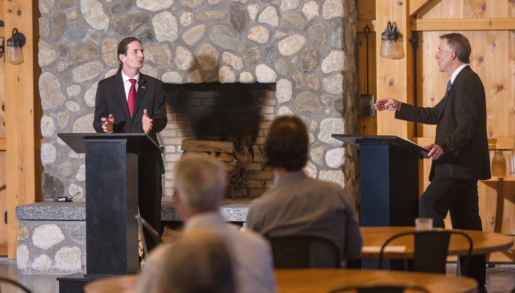 Democratic/Progressive gubernatorial candidate David Zuckerman, left, and Republican Gov. Phil Scott in a debate sponsored by VTDigger on Sept. 29. Photo by Glenn Russell/VTDigger