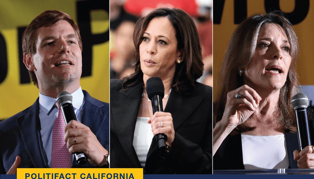 Three Californians, Sen. Kamala Harris, Rep. Eric Swalwell and author Marianne Williamson, will take part in tonight's Democratic presidential debate in Miami.