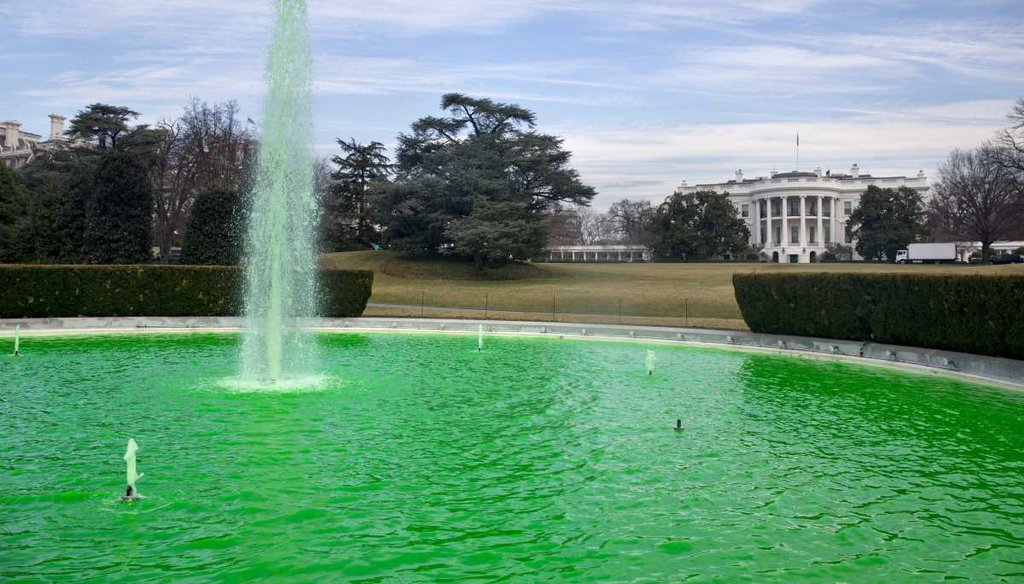 The water in the fountain on the South Lawn of the White House is dyed green for St. Patrick's Day. (2015 AP Photo) 