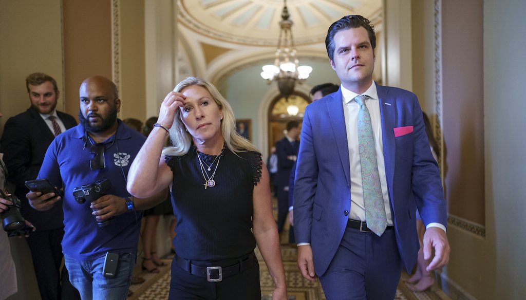 Rep. Marjorie Taylor Greene, R-Ga., left, and former Rep. Matt Gaetz, R-Fla., are seen in this July 29, 2021 file photo. (AP)