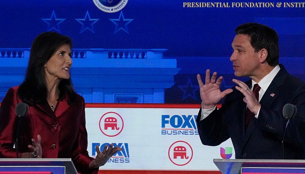 Former U.N. Ambassador Nikki Haley, left, argues with Florida Gov. Ron DeSantis during Sept. 27, 2023, during a Republican presidential primary debate at the Ronald Reagan Presidential Library in Simi Valley, Calif. (AP)