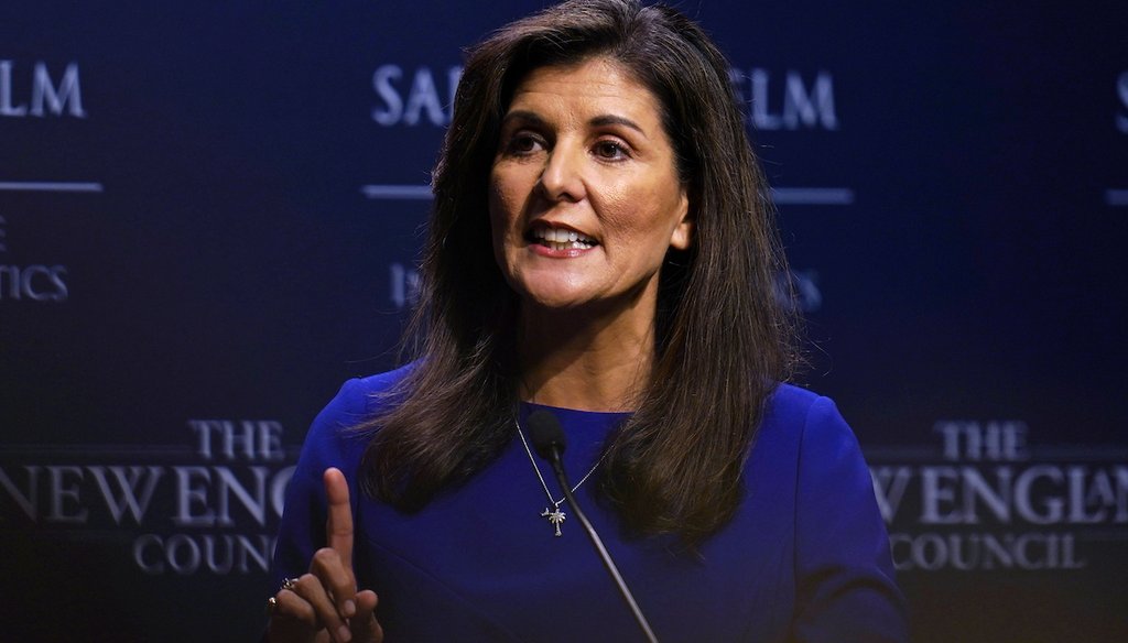 Republican presidential candidate Nikki Haley gestures May 24, 2023, while addressing a breakfast gathering at Saint Anselm College, Wednesday, in Manchester, N.H. (AP)