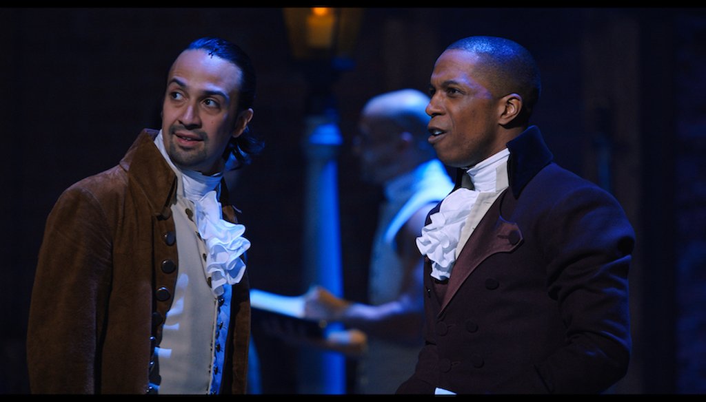 Lin-Manuel Miranda as Alexander Hamilton and Leslie Odom Jr. as Aaron Burr in “Hamilton,” the filmed version of the Broadway musical. (Disney+)