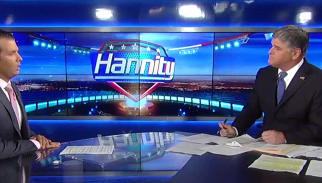 Donald Trump Jr. spoke with Fox News host Sean Hannity about his emails about materials from Russia that would undercut Hillary Clinton. (Screenshot)