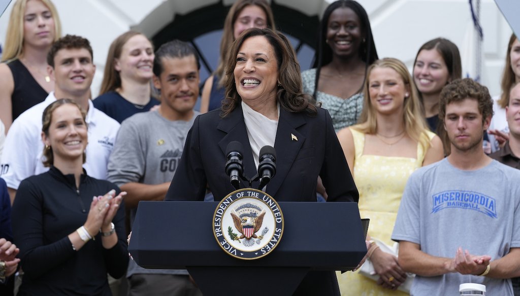 Vice President Kamala Harris speaks from the South Lawn of the White House, July 22, 2024, during an event with NCAA college athletes. (AP)