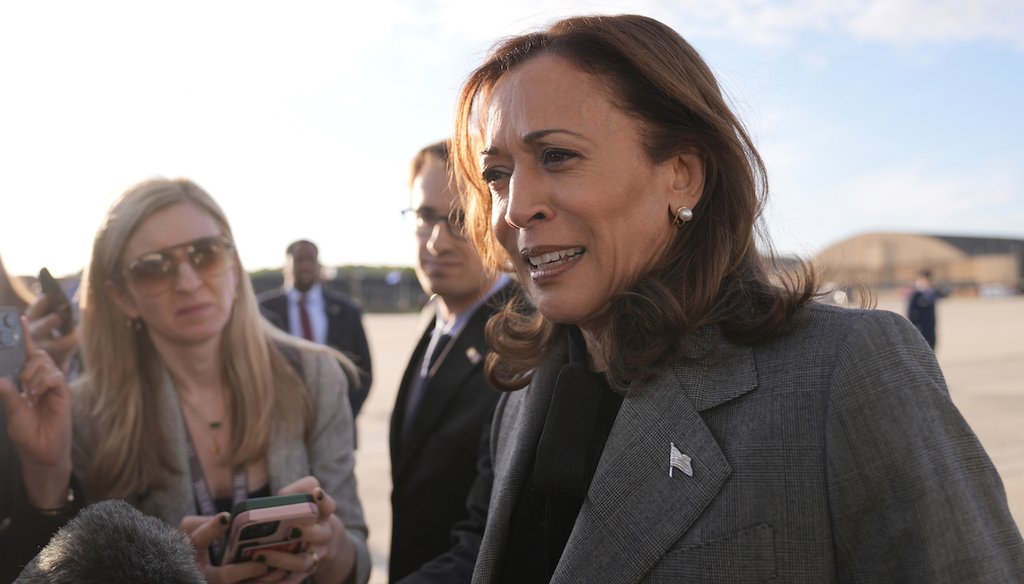 Vice President Kamala Harris speaks to media members Sept. 22, 2024, after she arrived at Andrews Air Force Base, Md. (AP)