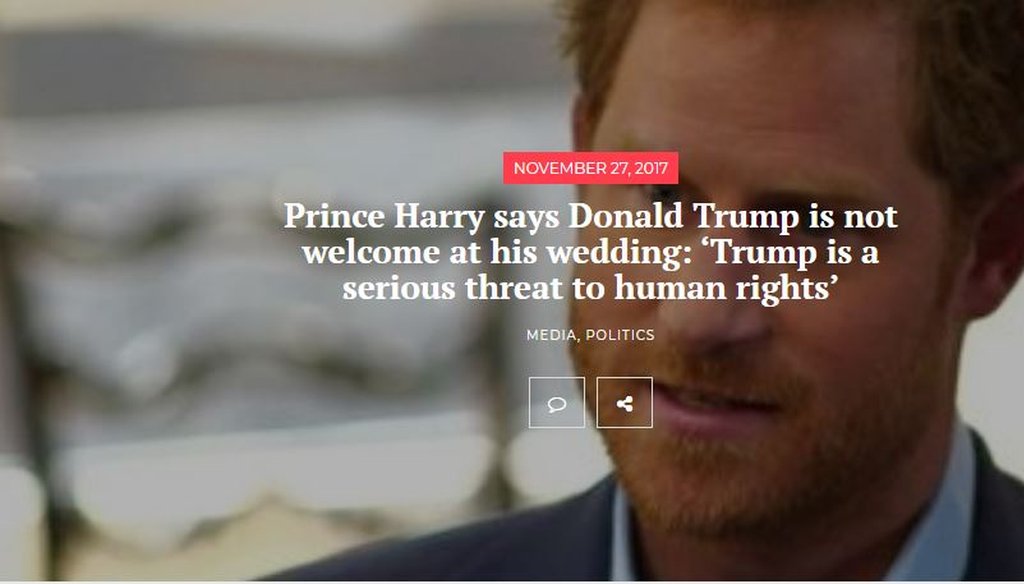 A headline on a Nova Magazine article falsely said Prince Harry said President Donald Trump isn't welcome at his wedding.
