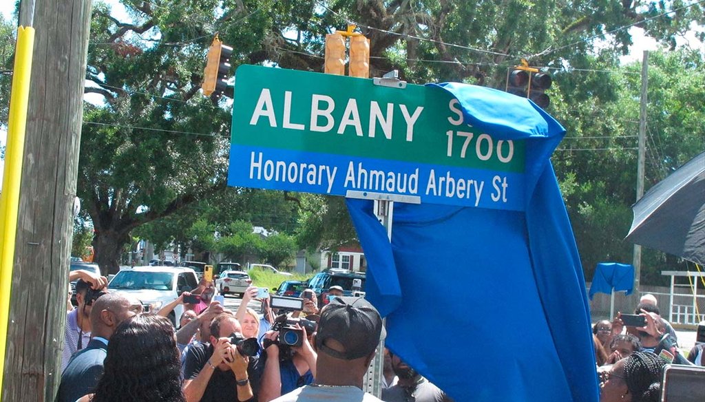 A new street sign marking Honorary Ahmaud Arbery Street is shown Aug. 9, 2022, in Brunswick, Ga. (AP)