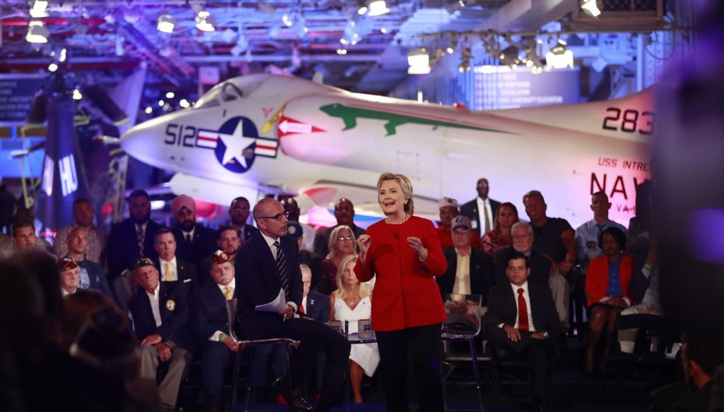 Hillary Clinton speaks at a forum on national security and veterans' issues hosted by MSNBC's Matt Lauer at the Intrepid Sea, Air & Space Museum in New York. (New York Times)
