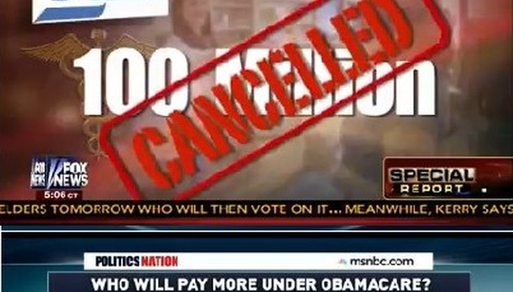 Two graphics aired within 20 seconds of each other on Fox News and MSNBC highlight the confusion in understanding the effects of the health care law.