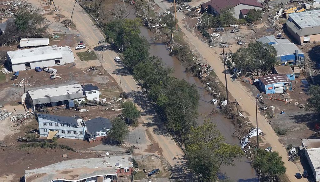 Hurricane damage in Asheville, N.C., is seen Oct. 2, 2024, during an aerial tour. (AP)