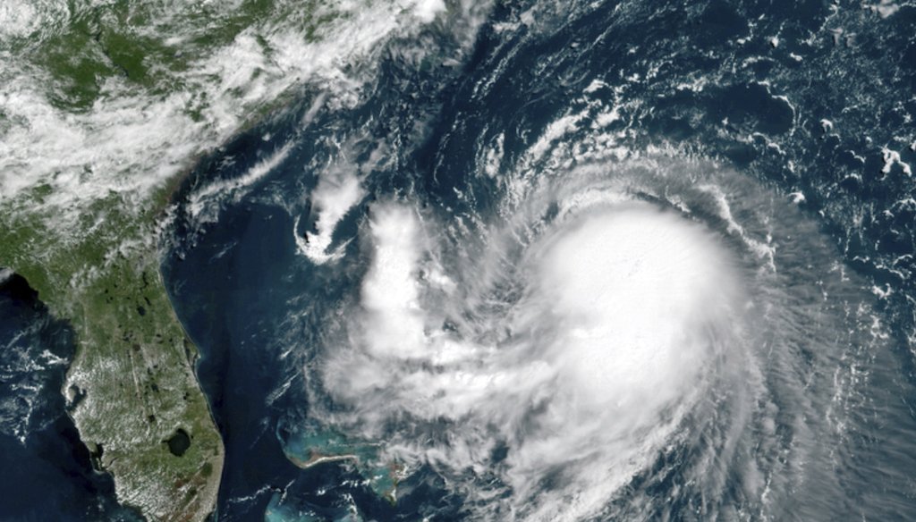 A satellite image of Tropical Storm Henri in the Atlantic Ocean. (NOAA via AP)