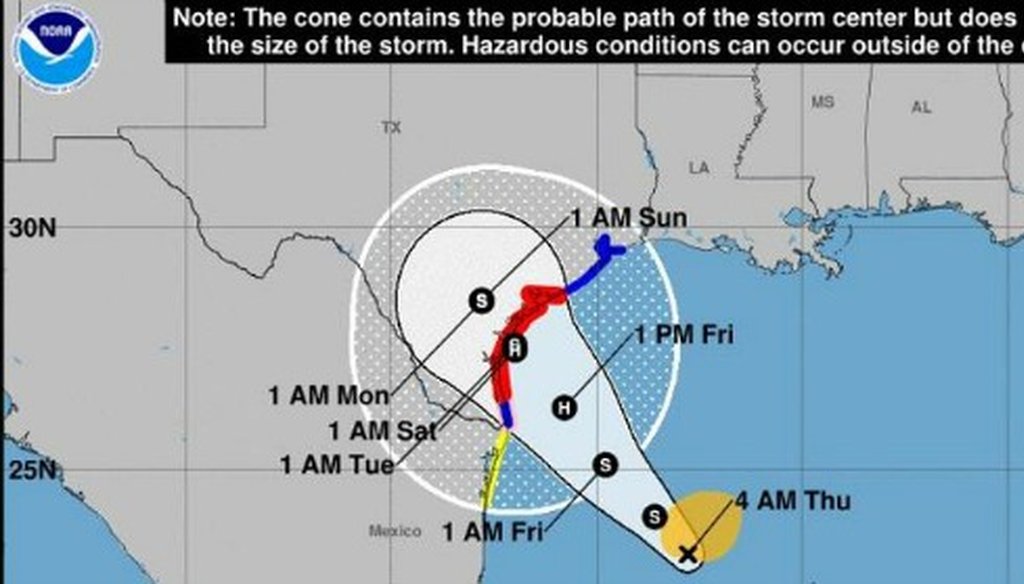 Here's how the federal government was forecasting Hurricane Harvey's path as of the morning of Aug. 24, 2017 (screen shot of Austin American-Statesman website, www.statesman.com).