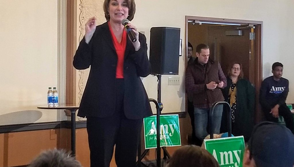 Sen. Amy Klobuchar, D-Minn., speaks at a campaign event in Waterloo, Iowa, on Jan. 26, 2020. (Louis Jacobson/PolitiFact)