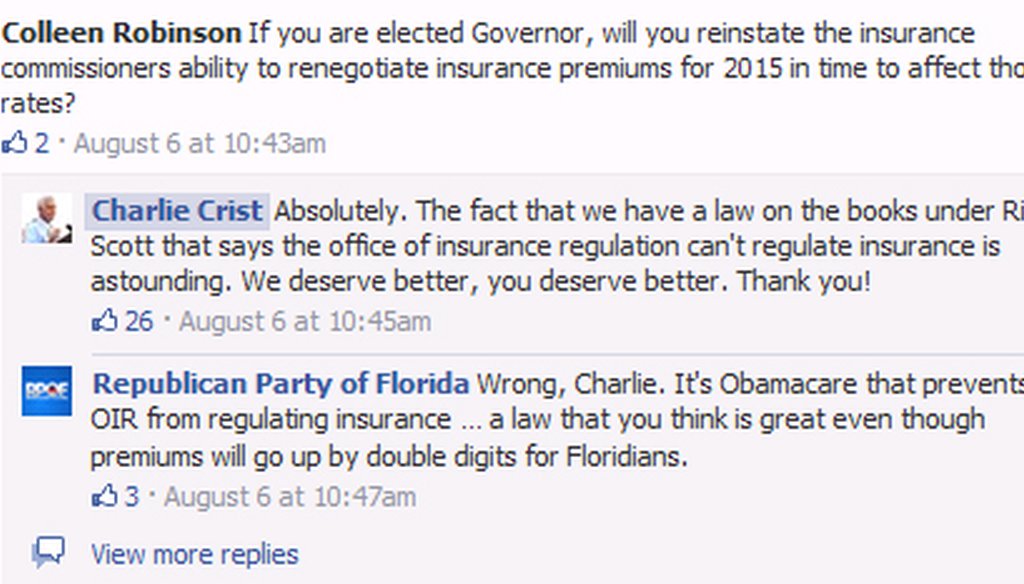 Charlie Crist's vow to change Florida law about insurance regulation during a Facebook Q&A on Aug. 6, 2014, was quickly berated by the Republican Party of Florida.