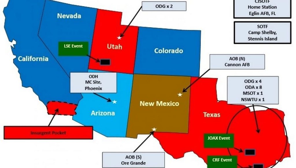 A federal map shows pretend designations of hostile territory for the Jade Helm 15 exercise set to run from July to September 2015. (U.S. Army handout)
