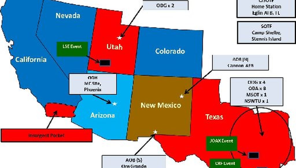 Here's a federal map showing the pretend designation of portions of the southwestern U.S. as hostile territory for the Jade Helm 15 exercise set to run from July into September 2015 (U.S. Army handout).
