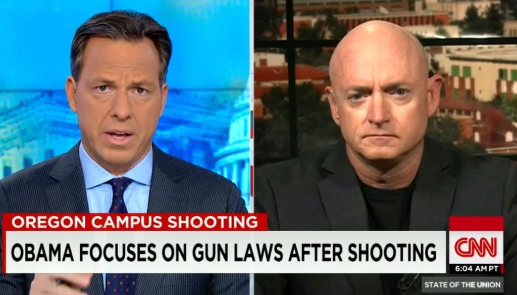 Jake Tapper kicked off CNN's "State of the Union" on Oct. 4, 2015, with an interview featuring Capt. Mark Kelly, an advocate for gun legislation and husband of former Arizona Rep. Gabby Giffords, who survived an assassination attempt near Tucson in 2011.