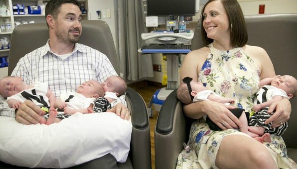 Five babies born to parents Daniel and Liz Hodges, of Temple, Texas, pause before heading home from an Austin hospital in July 2017 (Jay Janner, AUSTIN AMERICAN-STATESMAN).