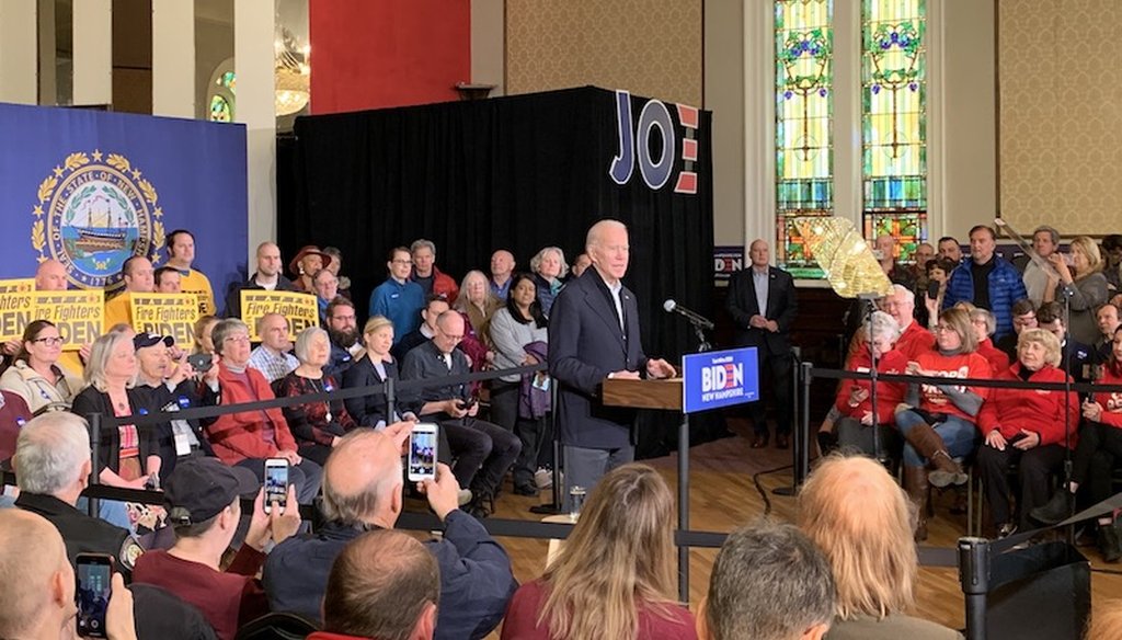 Former Vice President speaks to a small crowd of 200 people in Somersworth, N.H. on Feb. 5, 2020. (Josie Hollingsworth/PolitiFact)