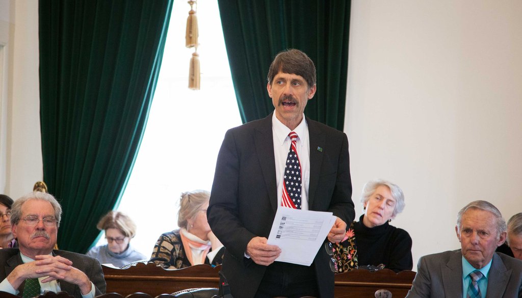 Sen. John Rodgers introduced a bill that would ban cellphone use by Vermonters under the age of 21. Pictured here, he argues against a gun control bill in 2018. File photo by Mike Dougherty/VTDigger