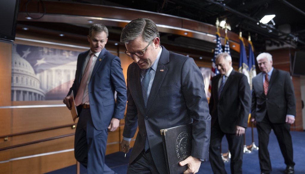 House Speaker Mike Johnson, R-La., leaves a news conference Dec. 17, 2024, at the Capitol in Washington. (AP)