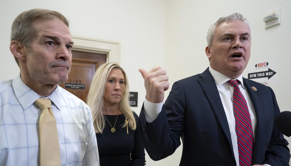 From left, House Judiciary Committee Chair Jim Jordan, R-Ohio, Rep. Marjorie Taylor Greene, R-Ga., and House Oversight and Accountability Committee Chair James Comer, R-Ky., speak to reporters Dec. 13, 2023. (AP)