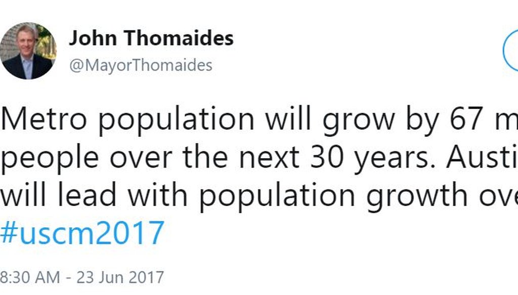 In this June 2017 tweet, San Marco Mayor John Thomaides said the Austin metro region will outgrow every other region by 2046.