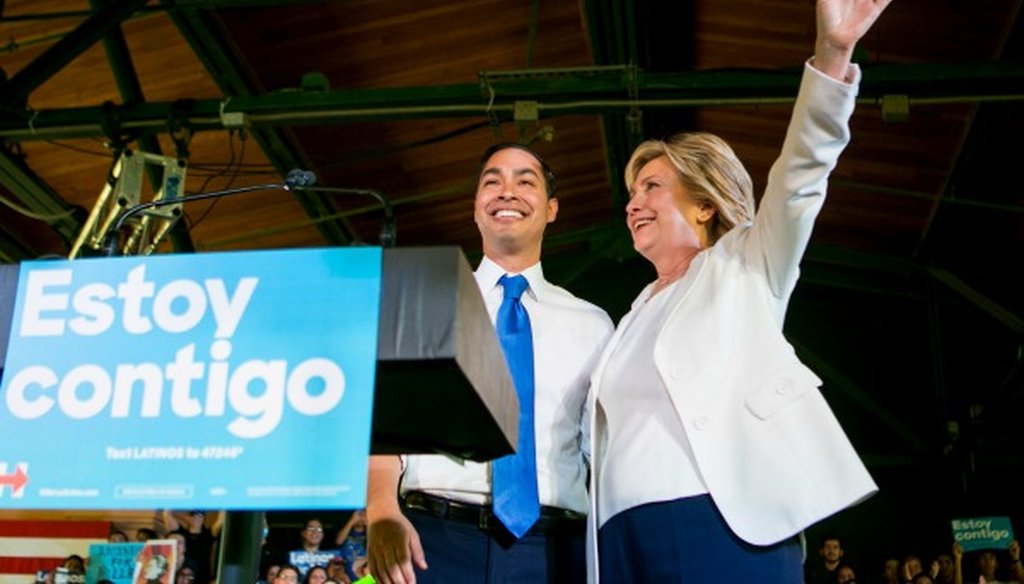 Julián Castro, the former San Antonio mayor, rallies Hillary Clinton supporters in San Antonio in October 2015. A claim about what he did as mayor is Mostly False (New York Times/Ilana Panich-Linsman).