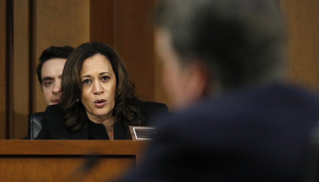 California Sen. Kamala Harris questions Judge Brett Kavanaugh in September 2018. Associated Press file photo