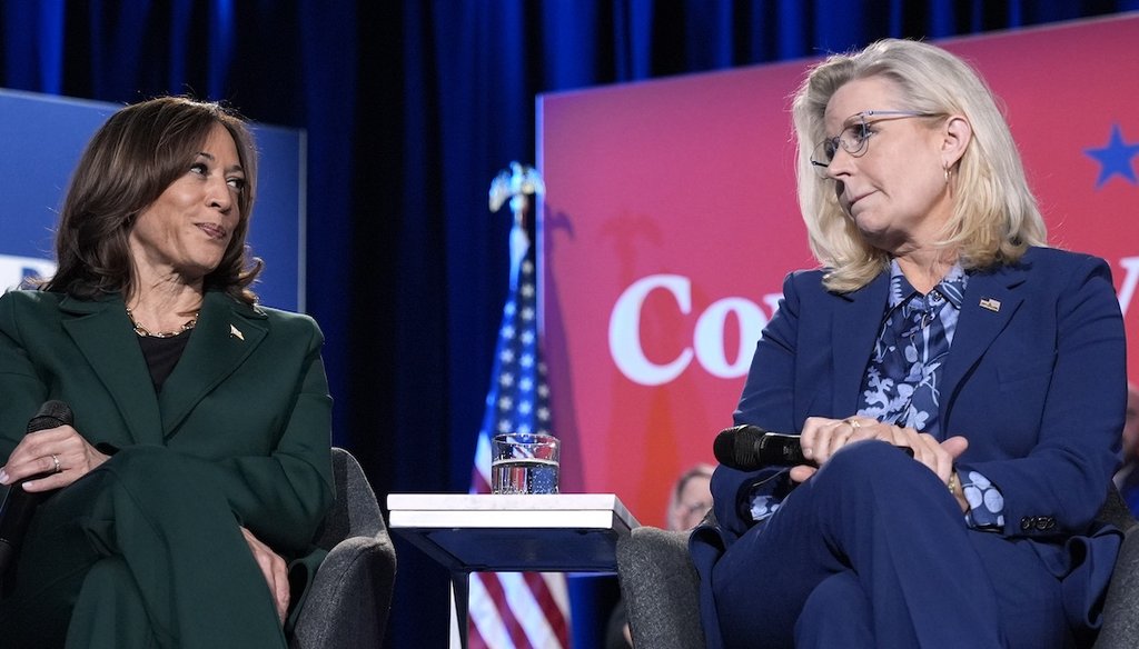 Vice President Kamala Harris, the Democratic presidential nominee, left, and former Republican Rep. Liz Cheney. R-Wyo., participate in a town hall Oct. 21, 2024, in Royal Oak, Mich. (AP)