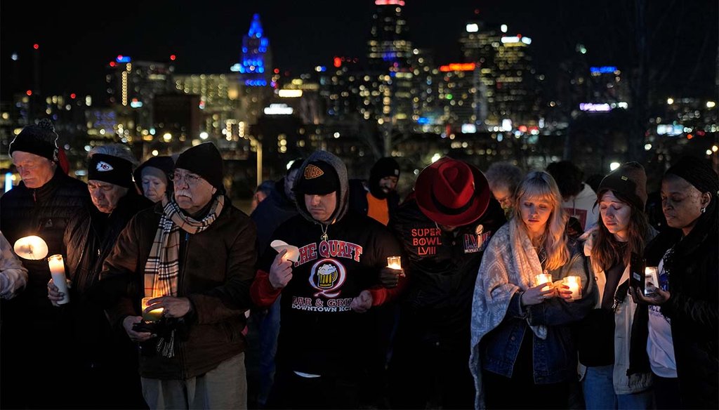 People attend a candlelight vigil Feb. 15, 2024, in Kansas City, Mo., for victims of the Feb. 14, 2024, shooting at a Kansas City Chiefs’ Super Bowl victory rally. (AP)